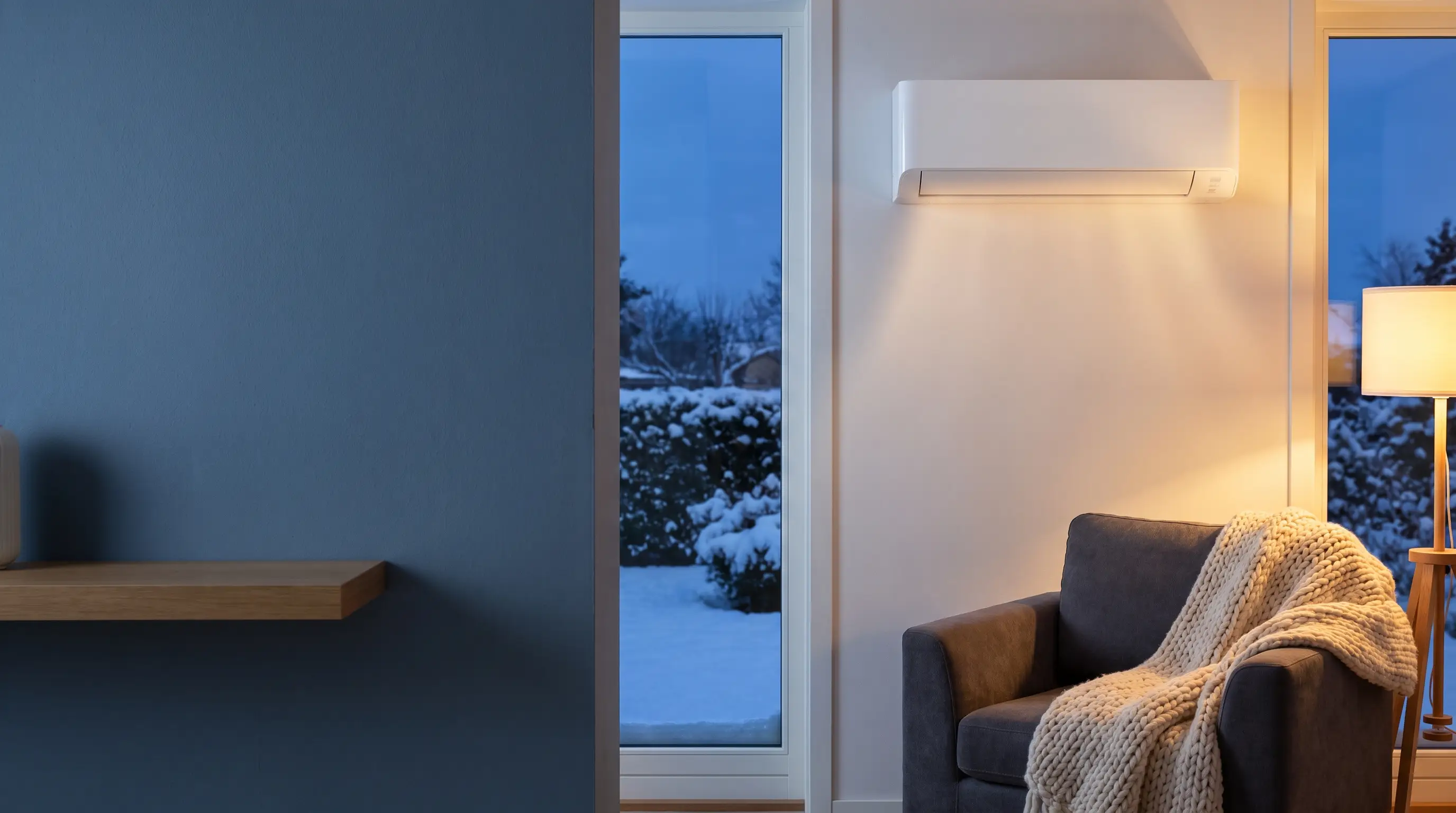 Split-Klimaanlage heizt einen Wohnraum am Winterabend